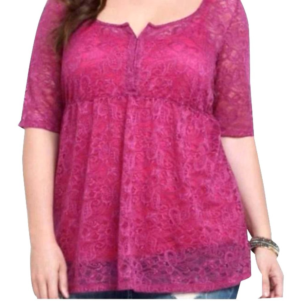 Torrid Fuchsia 3/4 Sleeve Lace Clasp Front Shirt, Size 1